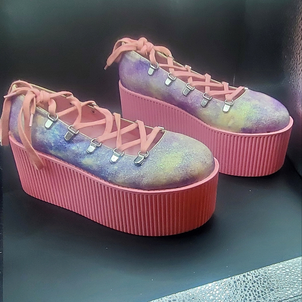 HTF Y.R.U Kaos Pink & Purple Galaxy  Ballet Platforms Size 8 (Lightly Used) - Picture 4 of 11